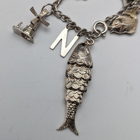 British vintage sterling silver charm bracelet 35g